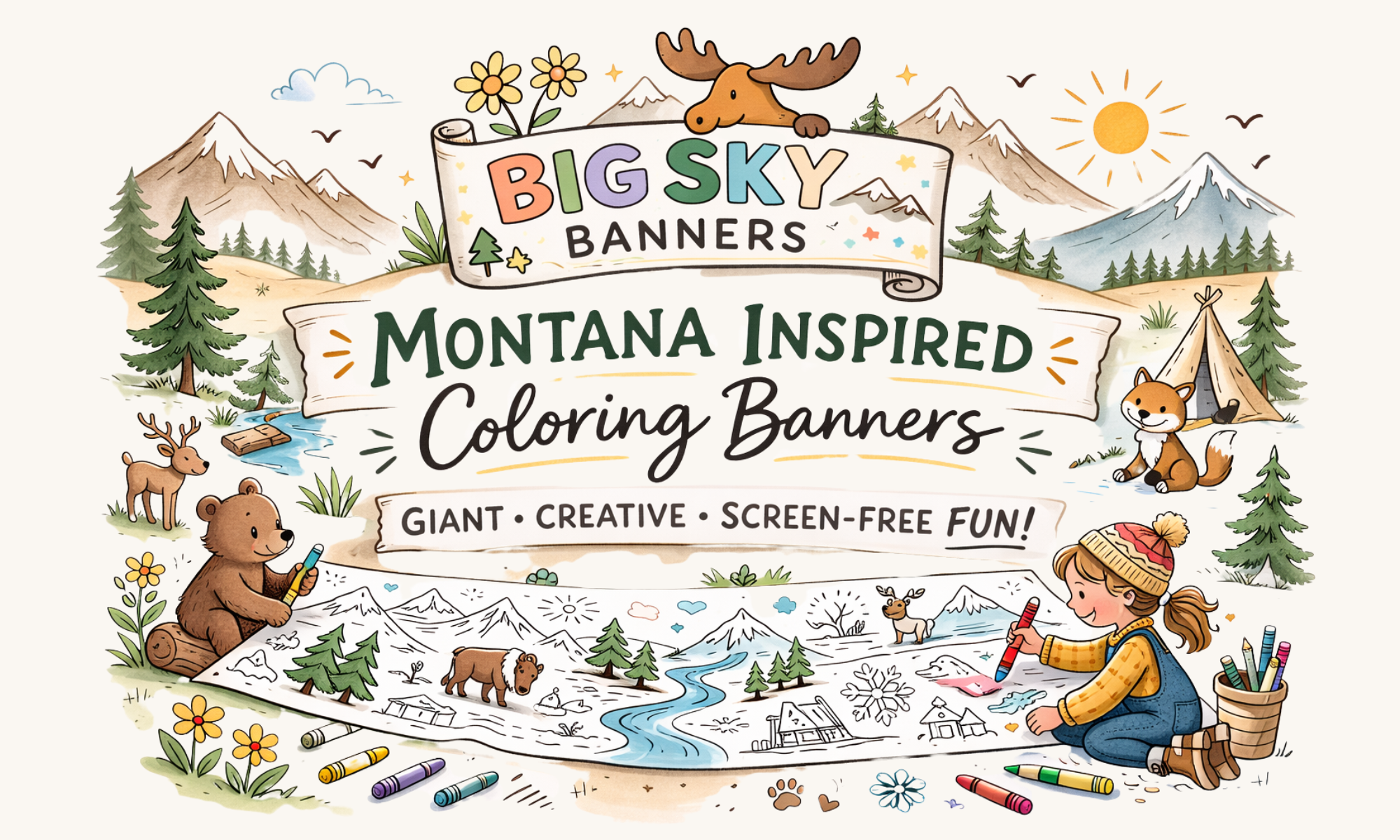 Montana inspired kids coloring banners giant creative screen free activity for parties classrooms and families