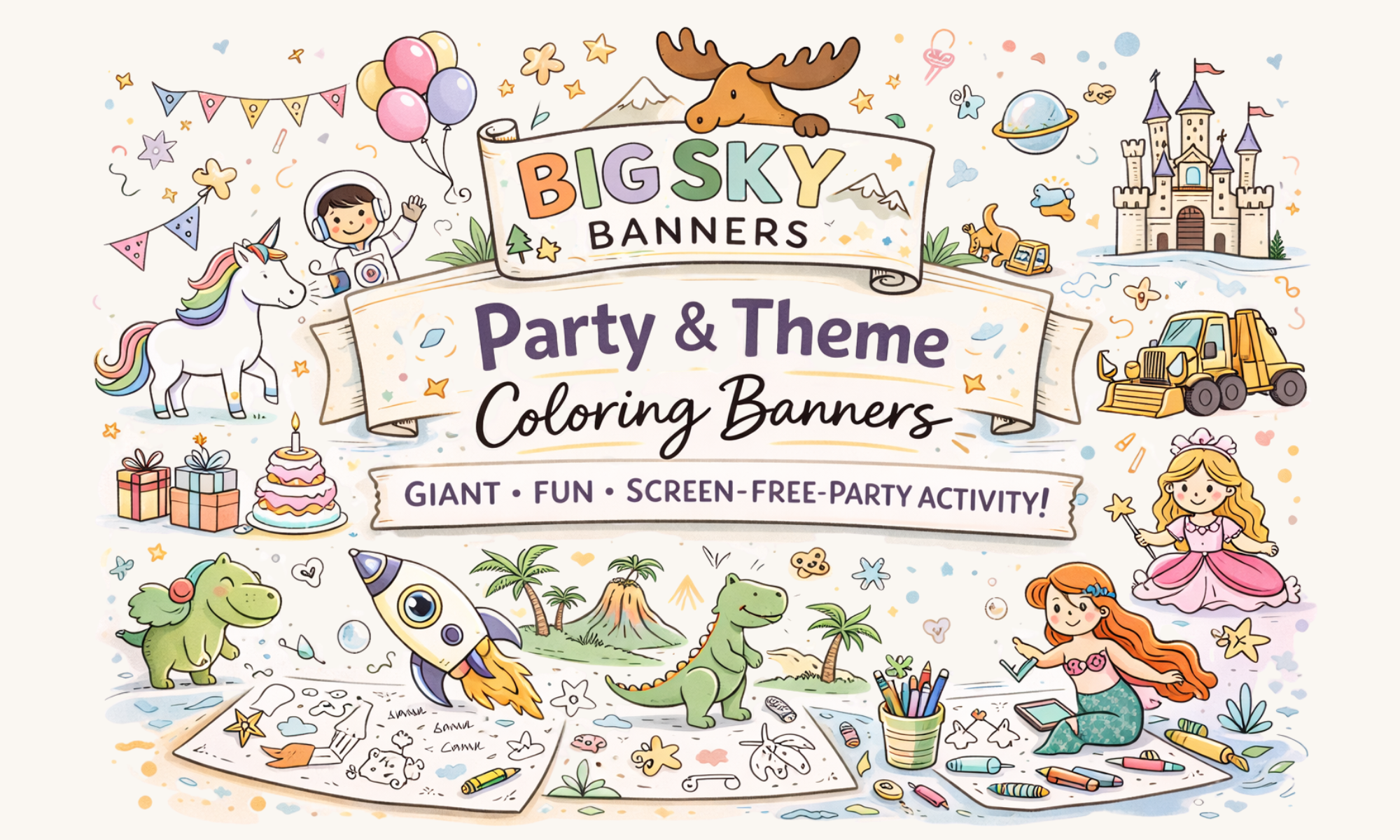 Party and theme kids coloring banners giant fun screen free birthday party activity for boys and girls