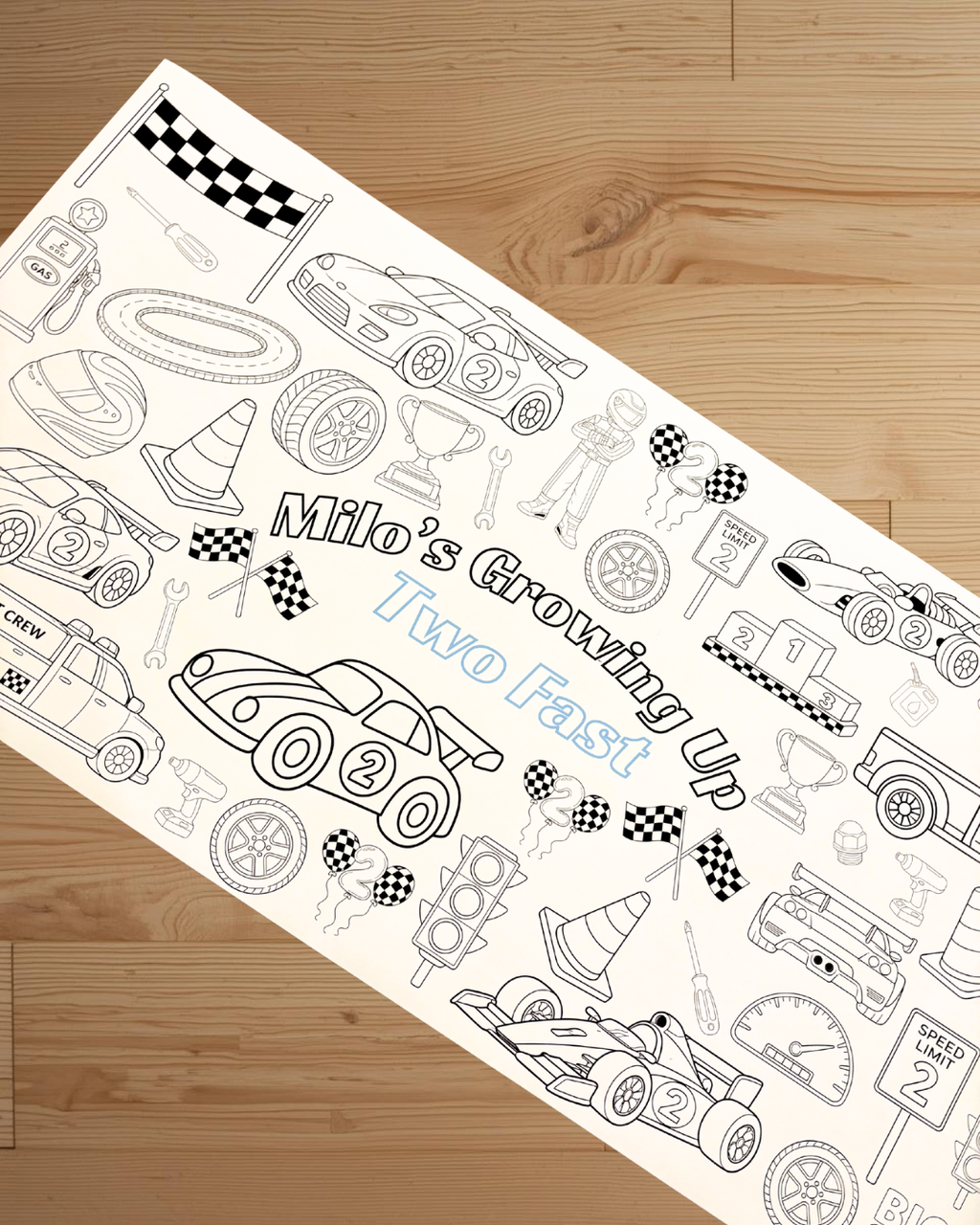 Coloring page with race car theme on a wooden surface