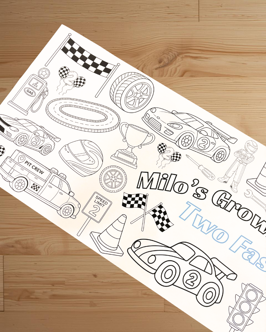 Coloring sheet with race car-themed illustrations on a wooden surface