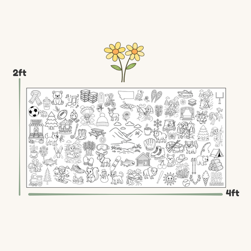 Illustration of a large sheet with various black line drawings and two yellow flowers at the top, with measurements on a white background.