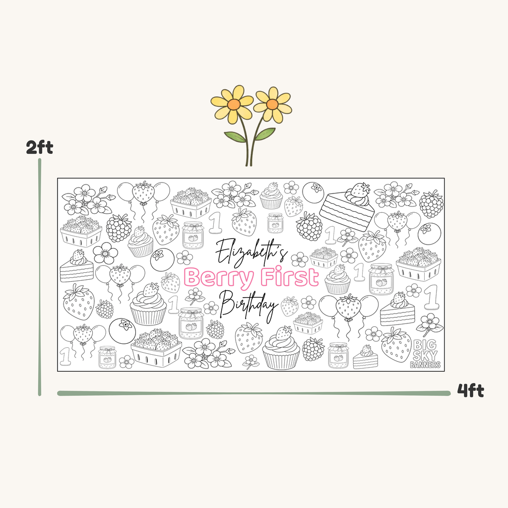 Decorative banner with birthday theme and 'Elizabeth's Berry First Birthday' text, with dimensions 2ft x 4ft.