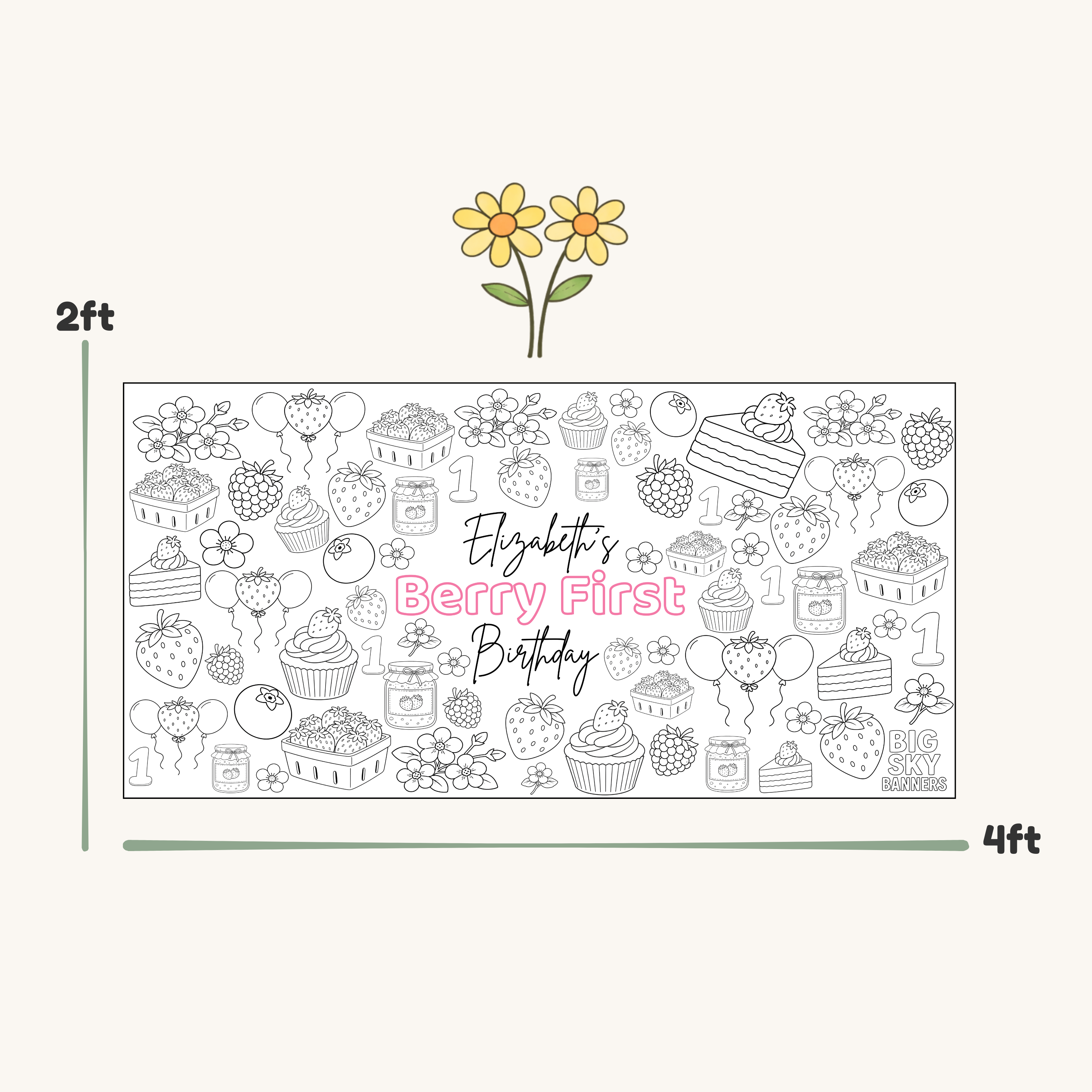 Decorative banner with birthday theme and 'Elizabeth's Berry First Birthday' text, with dimensions 2ft x 4ft.