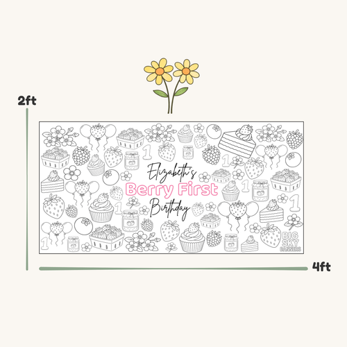 Decorative banner with birthday theme and 'Elizabeth's Berry First Birthday' text, with dimensions 2ft x 4ft.
