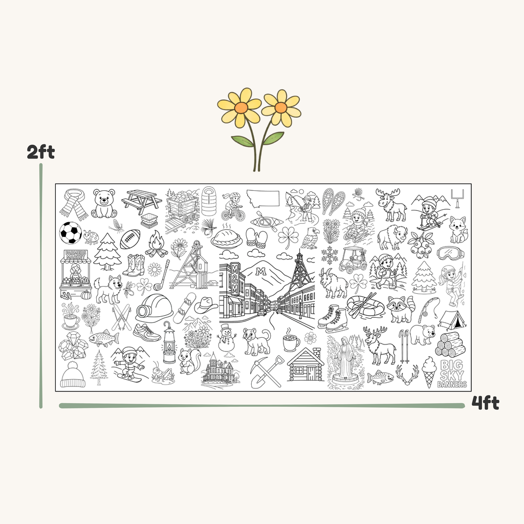 Illustration of a large coloring sheet with various symbols and objects, showing dimensions of 2 feet by 4 feet.
