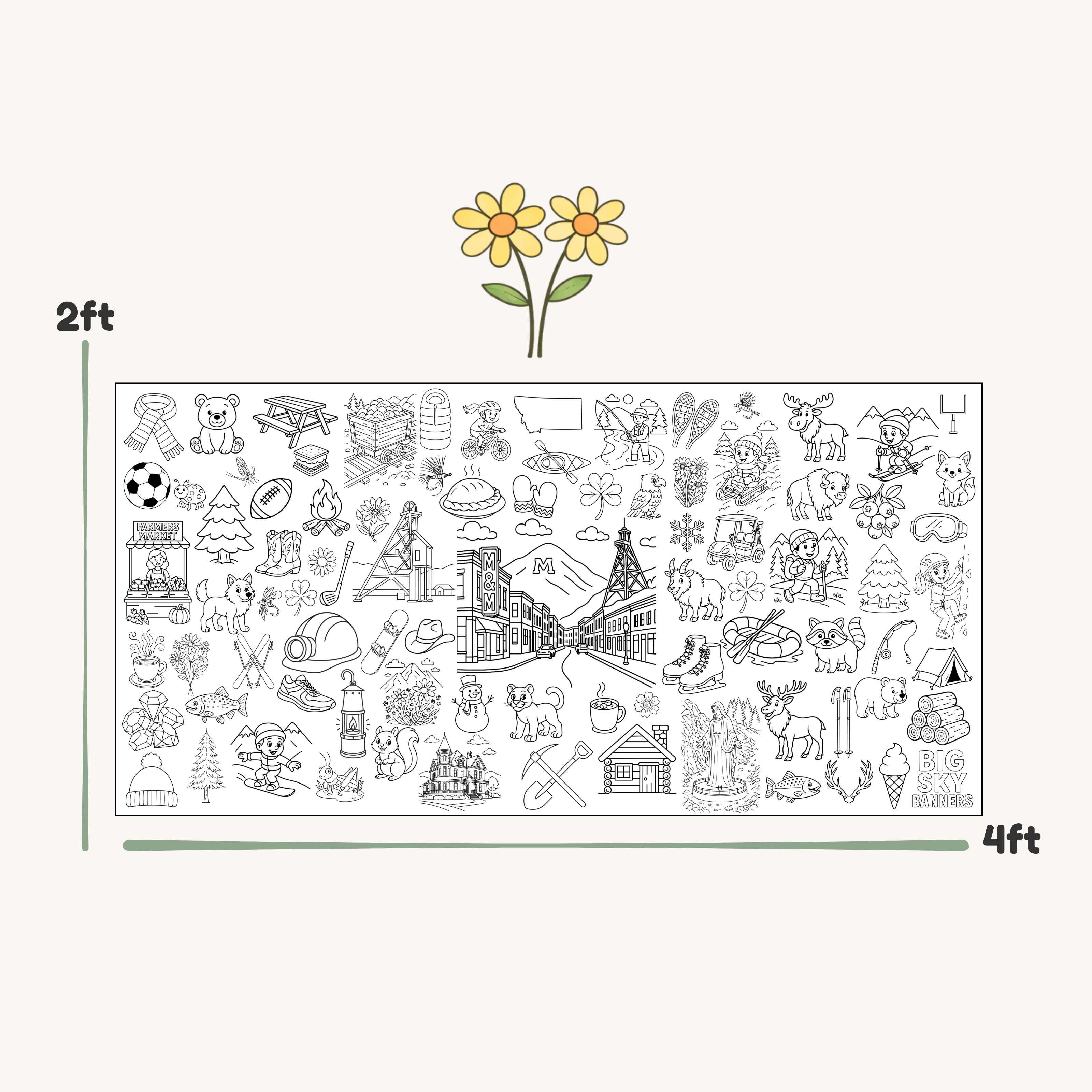 Illustration of a large coloring sheet with various symbols and objects, showing dimensions of 2 feet by 4 feet.