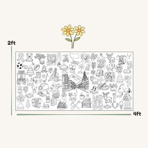 Illustration of a large coloring sheet with various symbols and objects, showing dimensions of 2 feet by 4 feet.