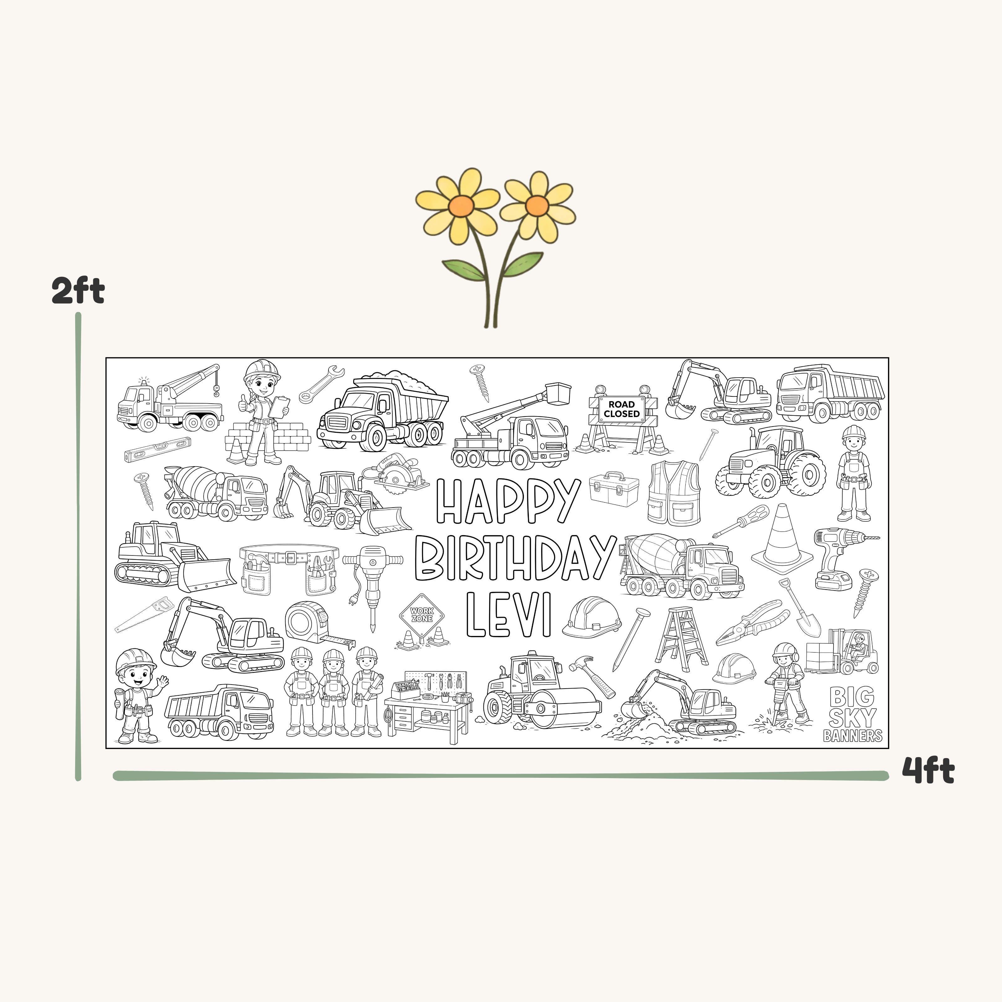 Customizable Construction Birthday Giant Coloring Banner