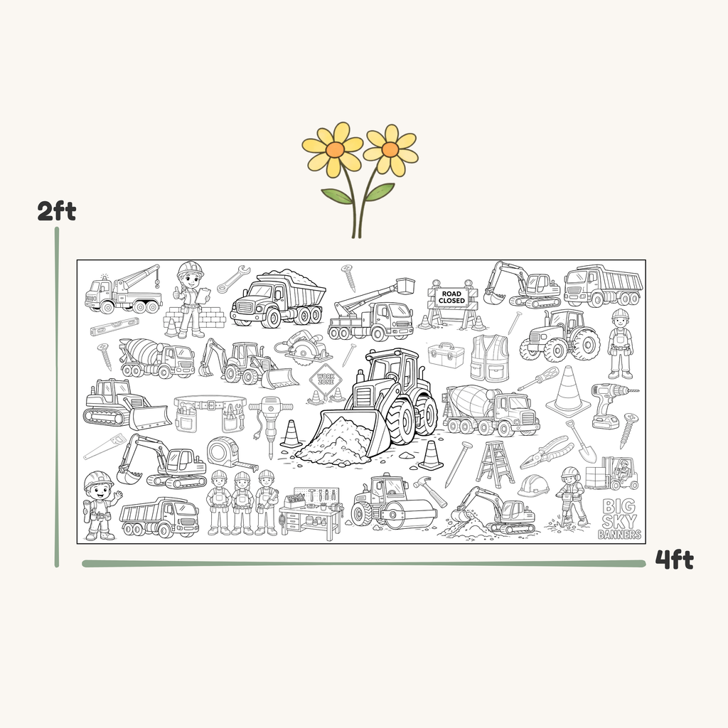 Illustration of construction vehicles and workers with a scale indicating 2 feet by 4 feet on a white background.