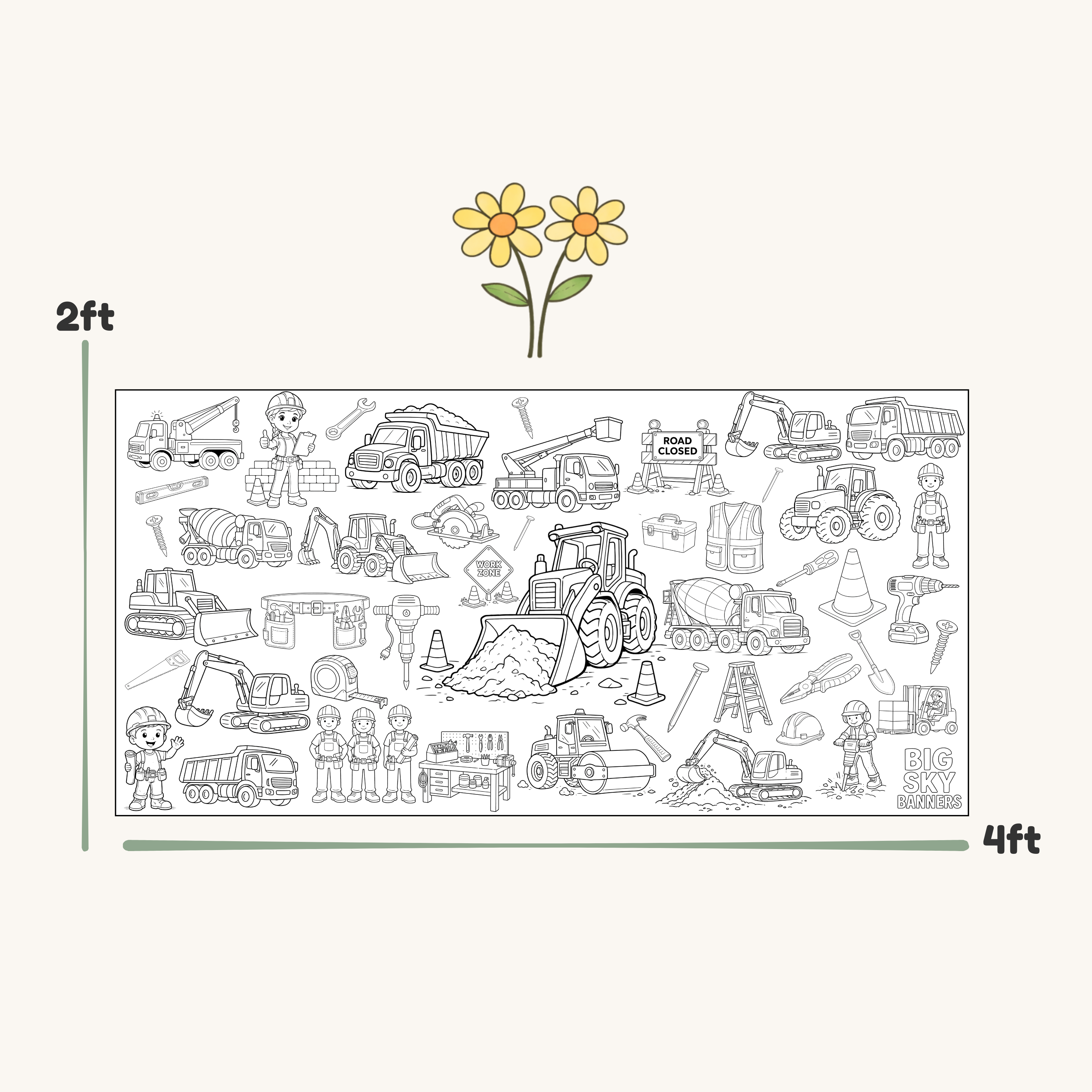 Illustration of construction vehicles and workers with a scale indicating 2 feet by 4 feet on a white background.