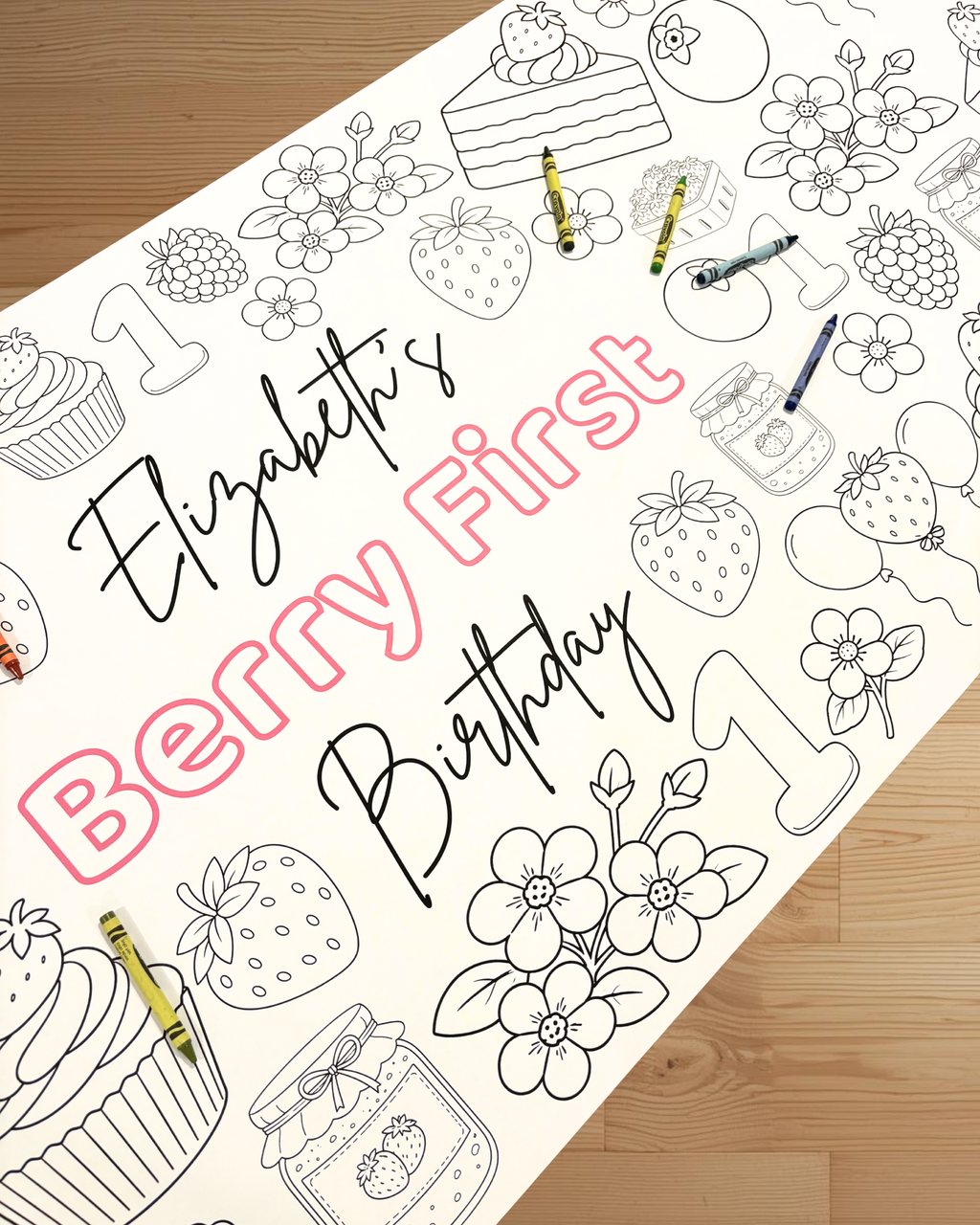 Coloring sheet for a berry-themed first birthday with strawberries, cupcakes, and flowers on a wooden surface.