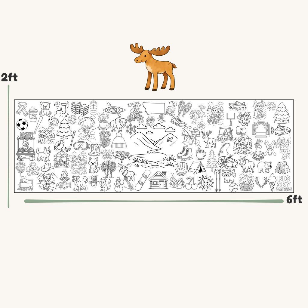 Coloring book page with moose illustration and scale on a white background