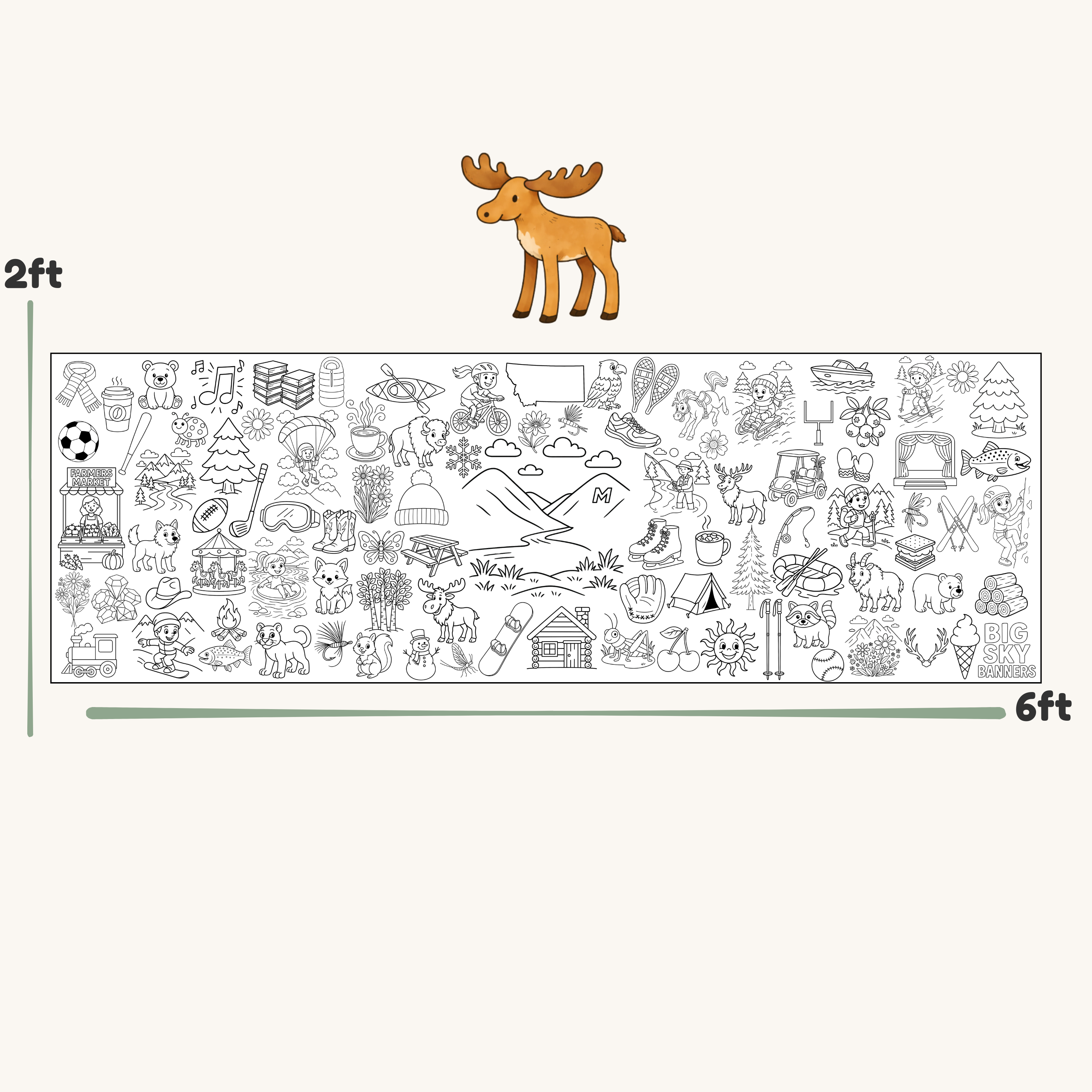 Coloring book page with moose illustration and scale on a white background