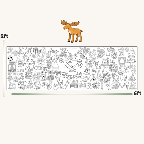 Coloring book page with moose illustration and scale on a white background