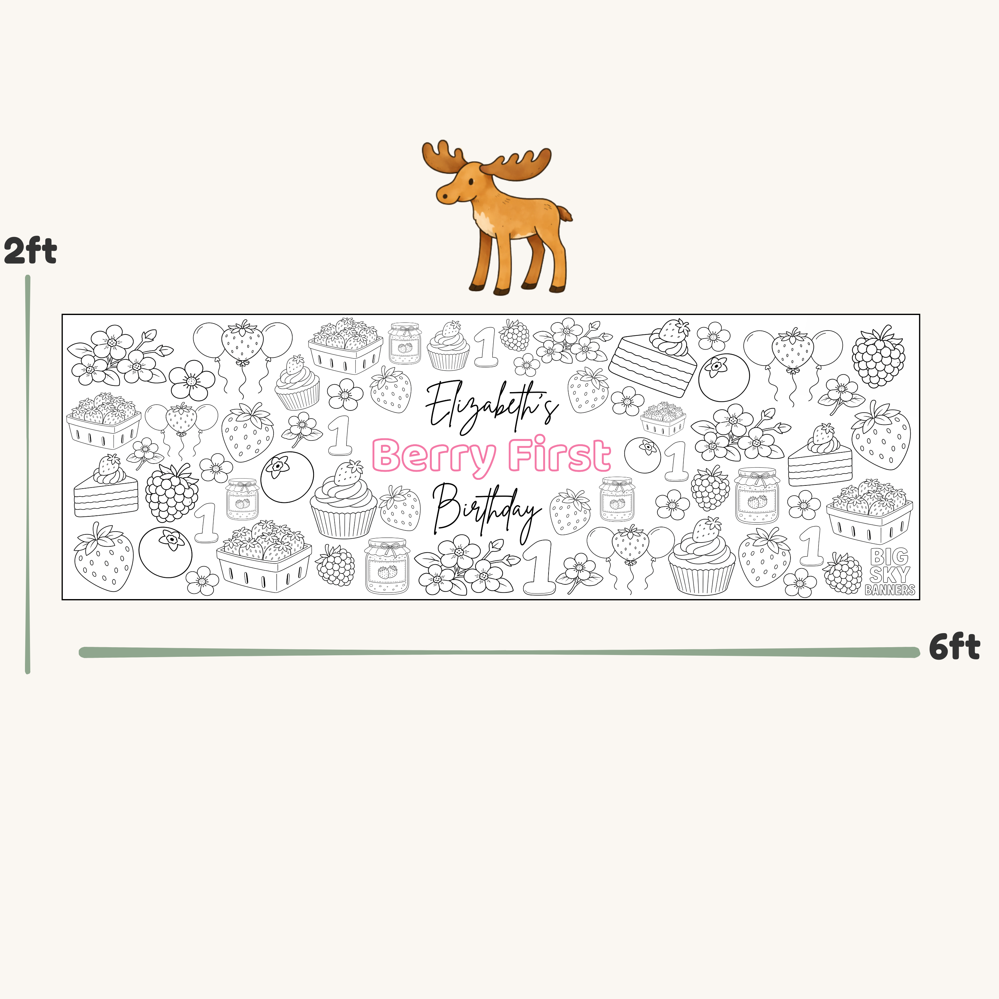 Personalized birthday banner with moose and berry theme, measurement shown on a white background.