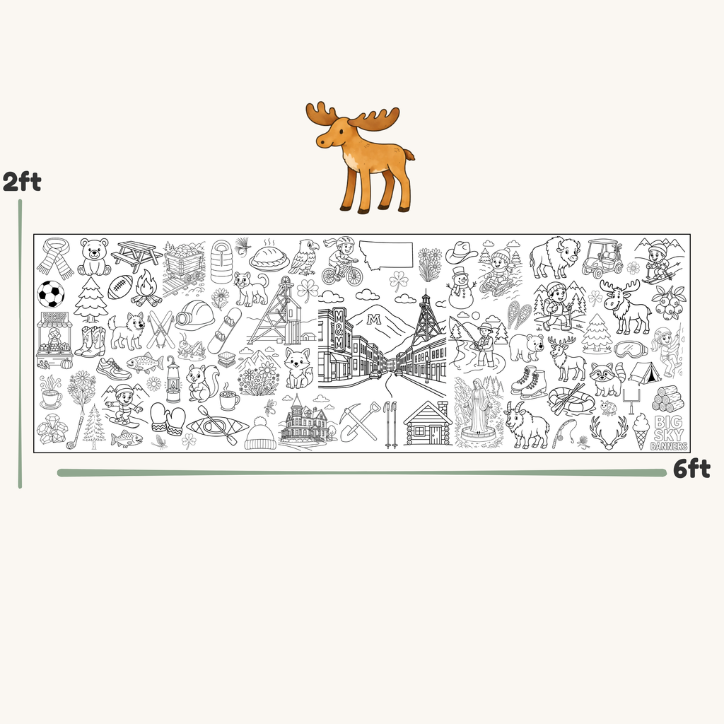 Illustration of a moose above a long horizontal line with various symbols and landmarks, showing scale.