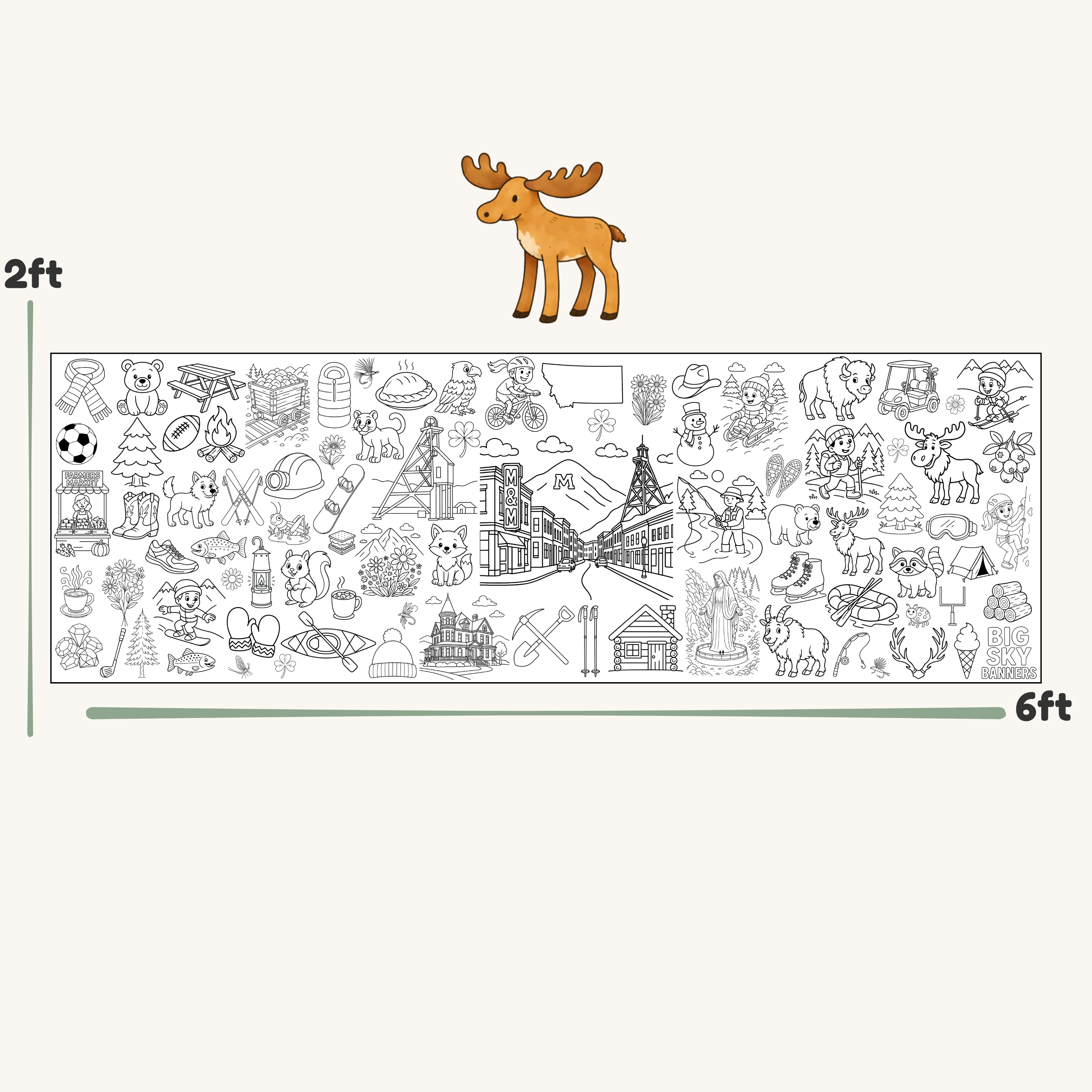 Illustration of a moose above a long horizontal line with various symbols and landmarks, showing scale.