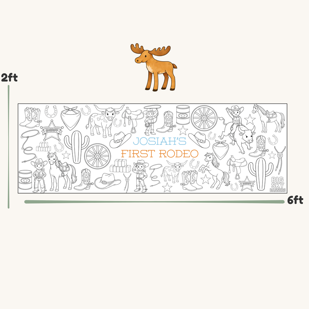 Decorative paper with cowboy-themed illustrations and 'Josiah's First Rodeo' text, scaled to 2ft x 6ft dimensions.
