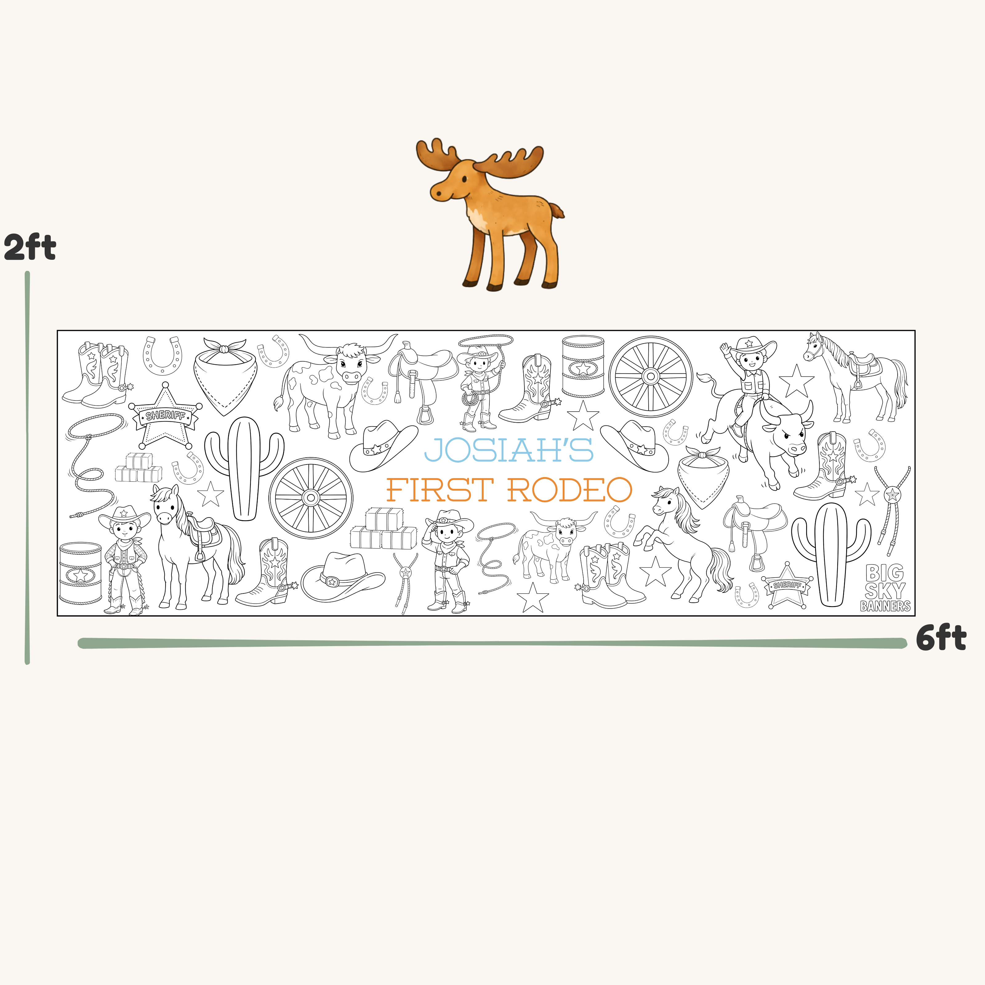 Decorative paper with cowboy-themed illustrations and 'Josiah's First Rodeo' text, scaled to 2ft x 6ft dimensions.