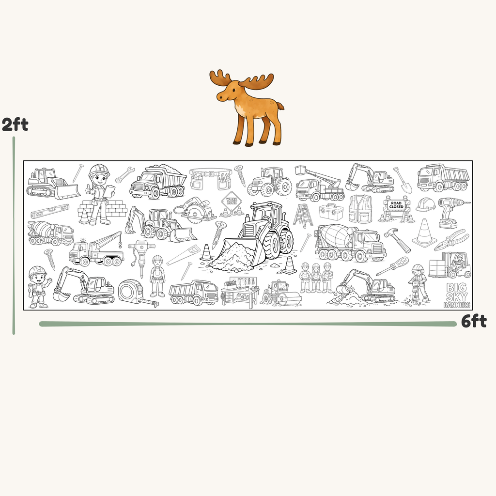 Illustration of a moose above a scale showing construction vehicles on a white background