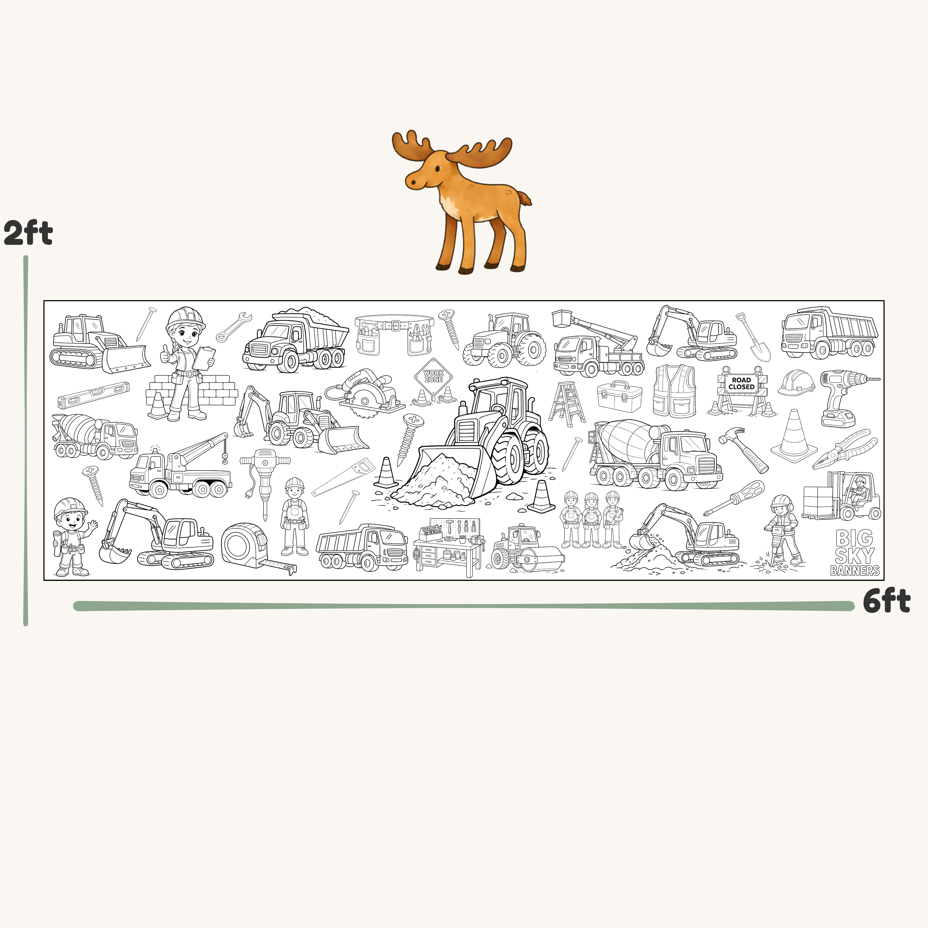 Illustration of a moose above a scale showing construction vehicles on a white background