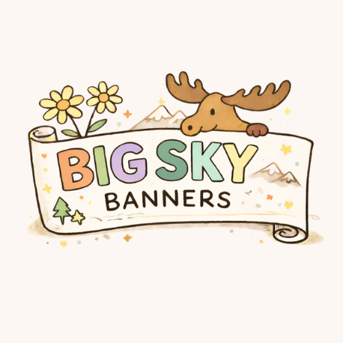 Logo of Big Sky Banners with a moose, flowers, and mountains on a white background