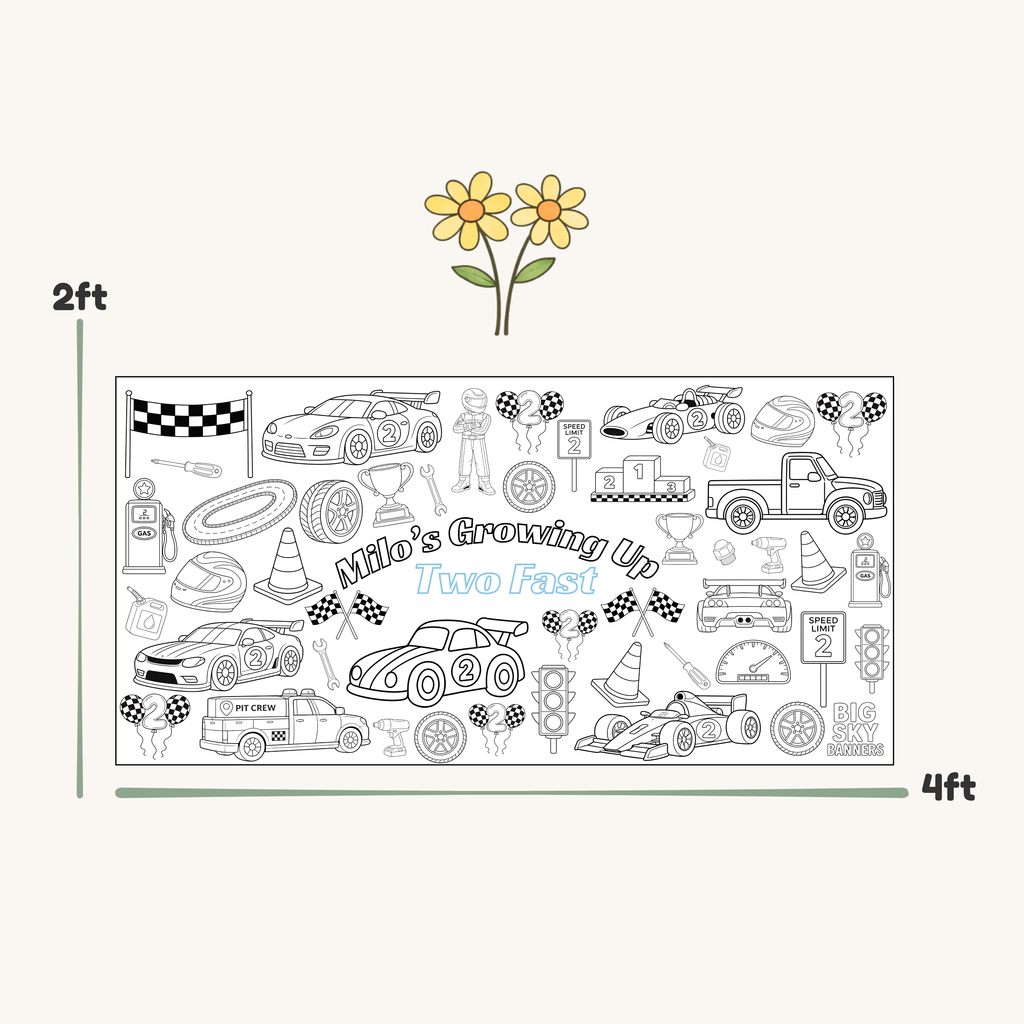 Wall decal with race car and related graphics, measurement scale, and flowers on a white background.