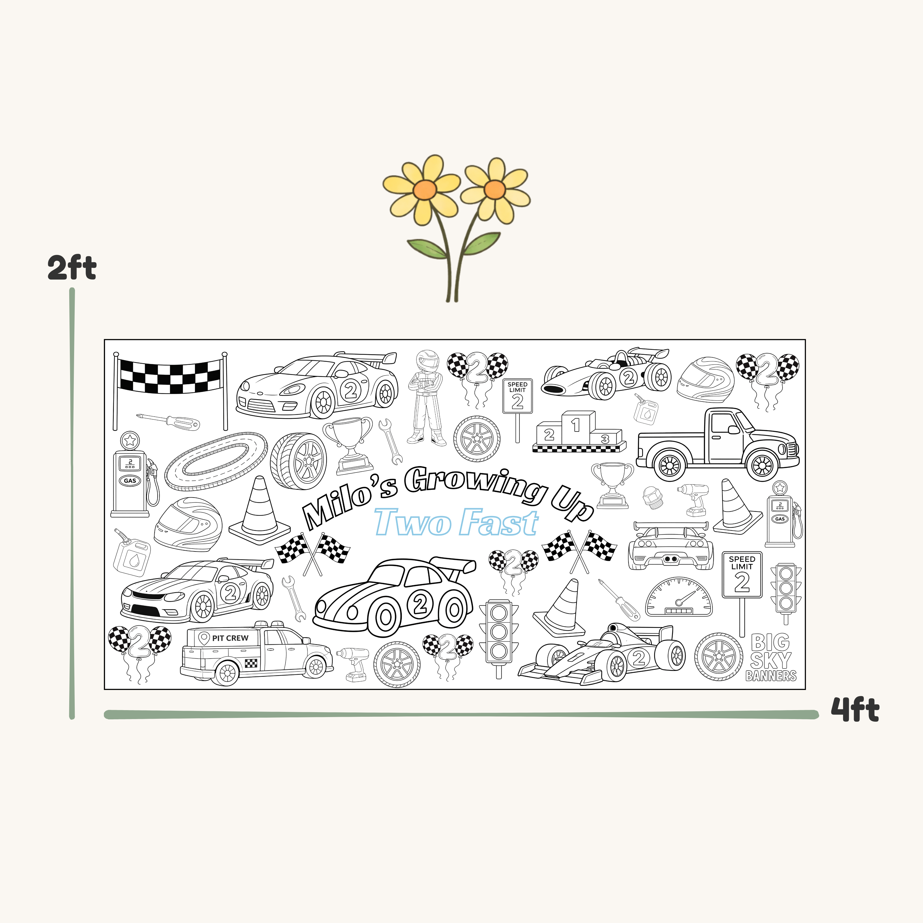 Wall decal with race car and related graphics, measurement scale, and flowers on a white background.